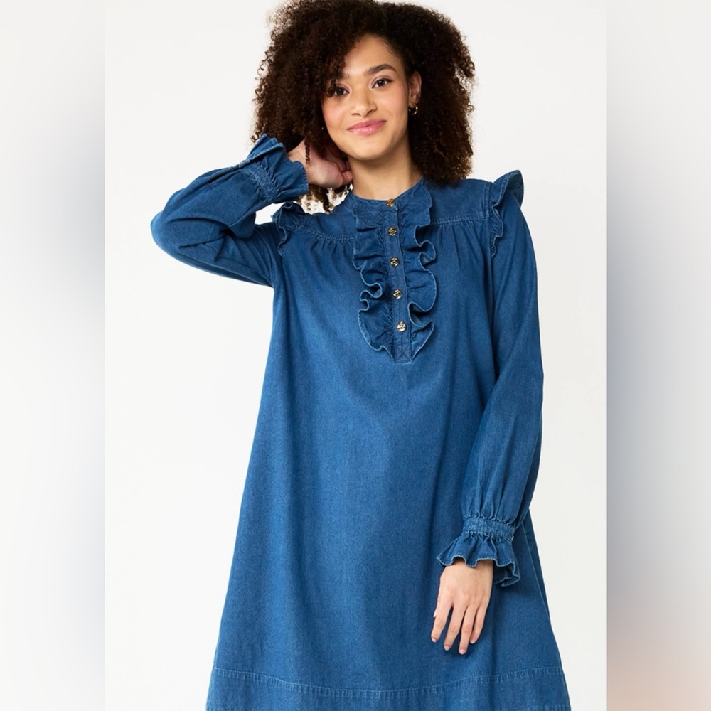 Draper James Blue Denim Ruffle Detail Dress